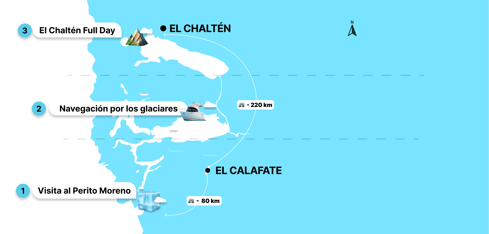 Mapa del Parque Nacional Los Glaciares con las tres zonas